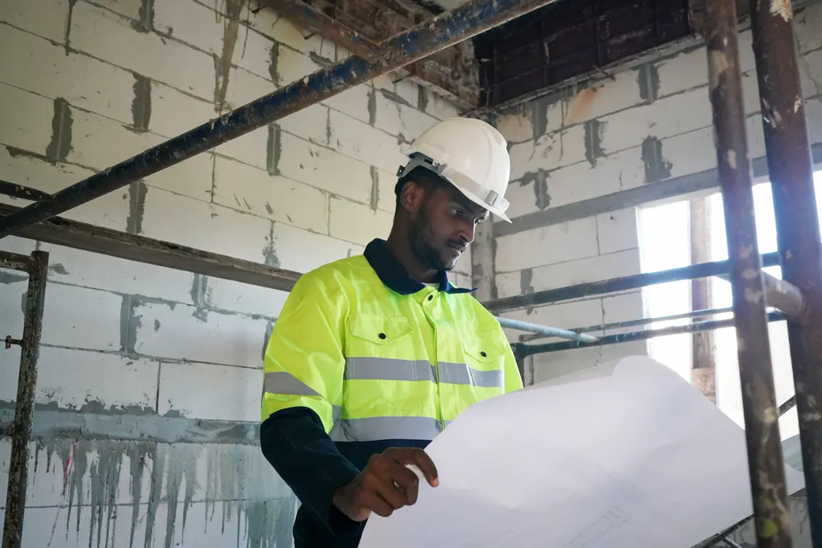Architecte en casque de chantier consultant les plans sur un chantier en parpaings